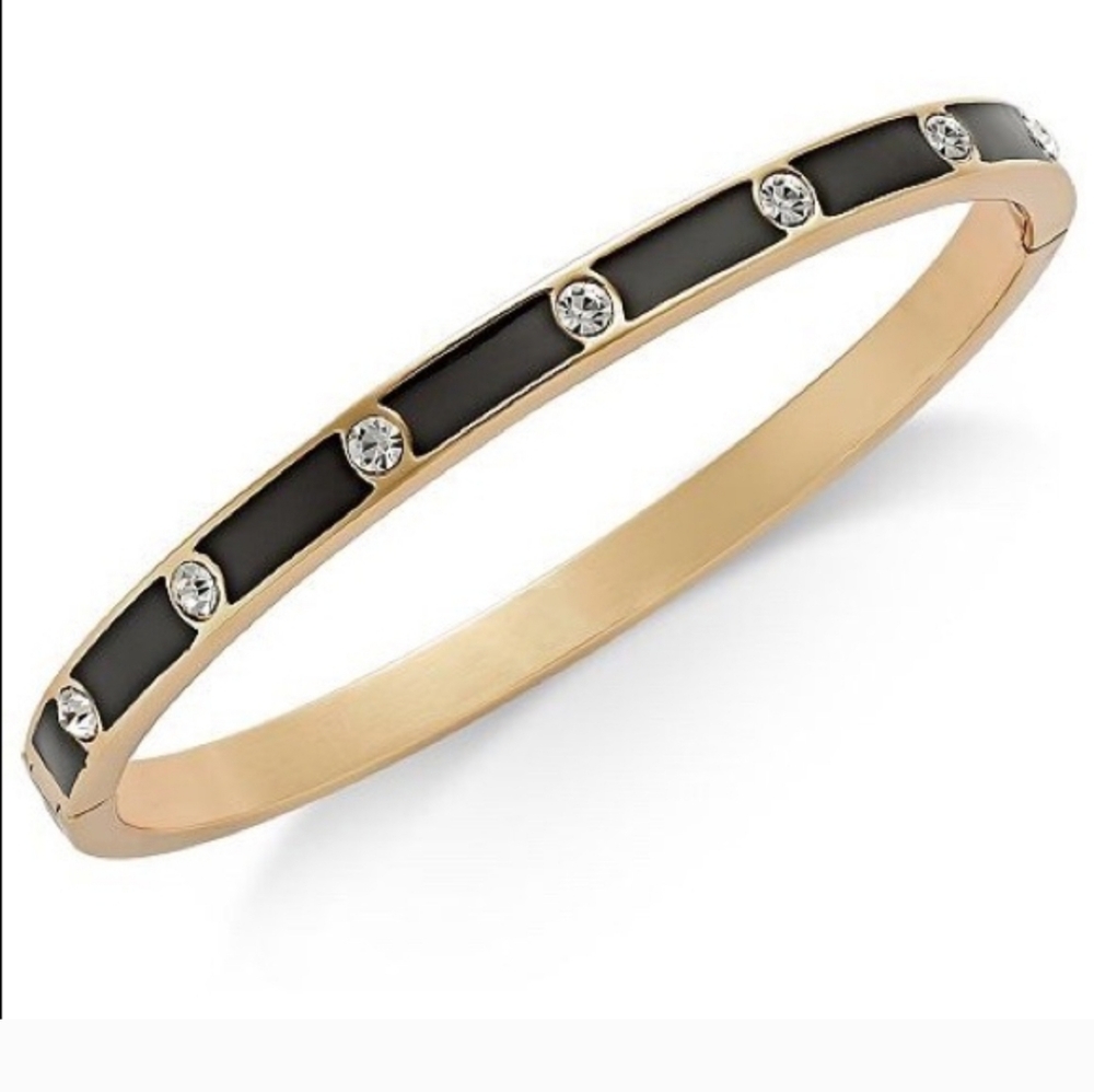 Kate Spade Gold Tone Bangle Bracelet with Black Inlay and Crystal Accents
